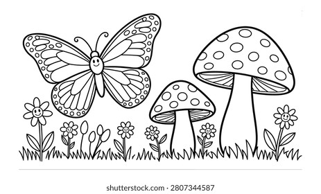 Coloring page featuring a large butterfly and two spotted mushrooms in a grassy meadow setting