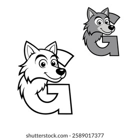 A coloring page featuring the letter "G" with a majestic gray wolf. The wolf is intricately designed, blending with the letter, perfect for creative coloring fun!