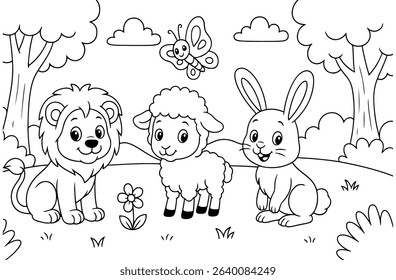 Coloring page featuring a lion, lamb, and rabbit in a forest. Fun and educational printable for toddlers and young kids.