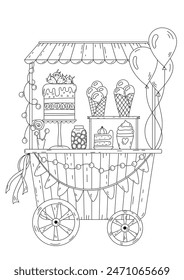 Coloring Page Featuring A Little Ice Cream, Cakes, And Sweets Selling Wagon Is An Adult Anti-Stress Activity