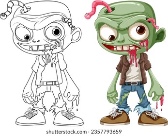 Coloring page featuring a male zombie cartoon with a worm coming out of its head