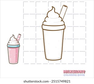 Dibujo para colorear con un batido para niños. La Imagen incluye un batido rosa con nata batida y una pajita, que fomenta la creatividad y la diversión. Para colorear diseños de libros o materiales educativos.