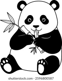 Coloring Page Featuring a Panda Happily Eating a Bamboo Shoot