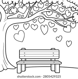 Coloring page featuring a park bench under a large tree with many heart shaped leaves hanging from branches for romantic or love themed activities