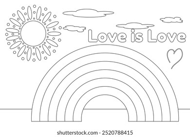 Dibujo para colorear con un arco iris, sol y el mensaje Love is Love. Perfecto para temas LGBTQ y actividades de autoexpresión.