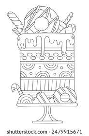 Coloring Page Featuring A Richly Decorated Cake Serves As A Stress Reliever For Both Adults And Children