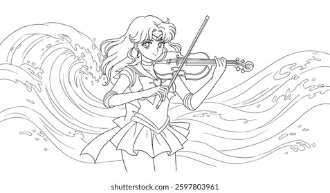 Coloring Page Featuring Sailor Neptune Playing Her Violin, With Ocean Waves in the Background.