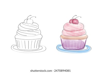 Coloring page featuring a simple, cartoon-style illustration of a cherry cupcake. On the left is an outline of the cupcake, while the right side shows the cupcake with watercolor-style coloring.