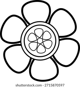 Una página para colorear con una flor simple con cuatro pétalos, delineada para colorear.  