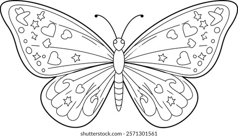 a coloring page featuring a symmetrical butterfly with large wings. Each wing should be divided into sections containing simple shapes, such as stars or hearts