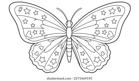 A coloring page featuring a symmetrical butterfly with large wings. 