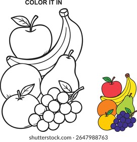 Coloring page featuring a variety of fruits including apples bananas pears grapes and oranges