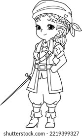 Coloring page female pirate cartoon standing holding a sword
