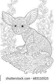 Coloring page. Fennec fox and mallow flowers. Freehand sketch drawing for adult antistress colouring book in zentangle style.