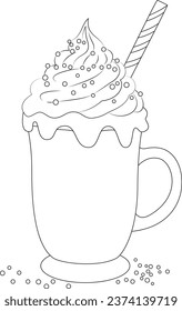 Coloring page a festive hot cocoa mug with whipped cream and sprinkles.