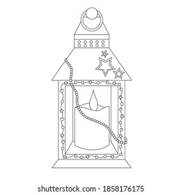 Coloring page festive lantern with a candle inside and beads isolated on white background.