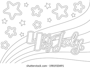 Página de colorear con cita festiva en un fondo a rayas con estrellas para el 4 de julio, Día de la Independencia Americana. Plantilla de diseño de vectores para libro de colorear para niños, tarjeta de saludo, pancarta festiva y afiche