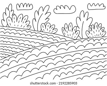 Coloring page with fields landscape. Haymaking harvest fields coloring page for children and adults