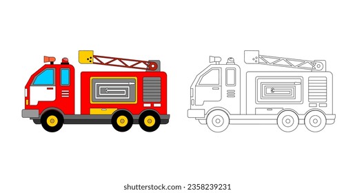 Coloring page, firefighter truck with colored and plain model