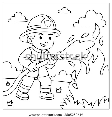 Coloring page of firefighters putting out fire with water hose. Vector cartoon for children's learning materials on the theme of firefighters.