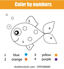 Coloring page with fish character. Color by numbers educational children game, drawing kids activity, printable sheet