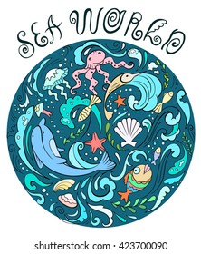 coloring page of the fish of the sea, jellyfish, octopus, dolphins, algae, shells, waves, splashes and bubbles; composition in the circle; calligraphic lettering