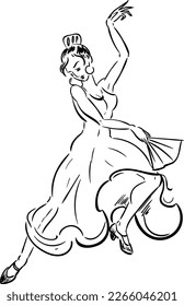 Coloring page. Flamenco dancer in dress with fan in line drawing style