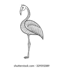 Coloring page with Flamingo bird, zentangle illustration tribal totem bird for adult Coloring books or tattoos with high details isolated on white background. Vector monochrome sketch of exotic bird.