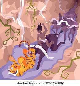 Coloración de la composición plana de la página con Mowgli sentado en un toro ataca una ilustración vectorial de tigre