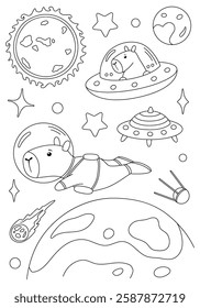 Coloring page with flaying capybara astronaut, planet, and stars. Vector template for children's coloring book, print and poster.