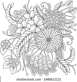 Coloring page with floral composition. Cute romantic illustration. Black and white flowers.