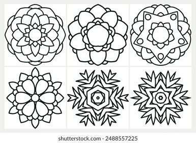 coloring page with floral mandala, bold and easy,vector set