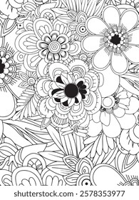 Coloring page of floral pattern background. Doodles Flowers Coloring Pages . Adult Flower Coloring Page Floral Zentangle. Stress Free Relaxation Meditation Line Art.Vector illustration