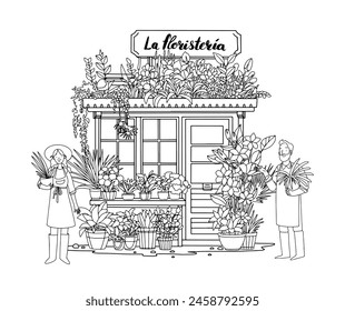 Coloring page of a florist shop, flower store with a gardener and seller, potted flowers, stall