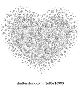 Coloring page flower heart St Valentine's day greeting card hand made print digital art. Coloring page with details isolated on white background . Doodle zentangle pattern for relax and meditation.