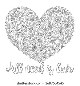 Coloring page flower heart St Valentine's day greeting card hand made print digital art. Coloring page with details isolated on white background . Doodle zentangle pattern for relax and meditation.