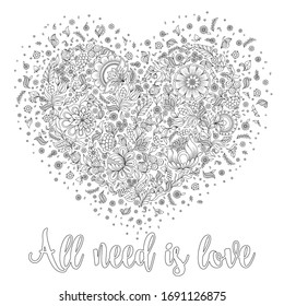 Coloring page flower heart St Valentine's day greeting card hand made print digital art. Coloring page with details isolated on white background . Doodle zentangle pattern for relax and meditation.