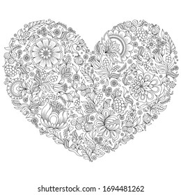 Coloring page flower heart St Valentine's day greeting card hand made print digital art. Coloring page with details isolated on white background . Doodle zentangle pattern for relax and meditation.