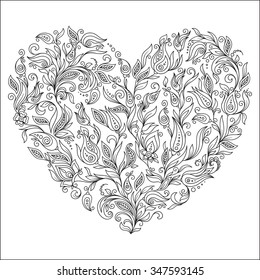 Coloring page flower heart St Valentine's day greeting card hand made print digital art. Coloring page with details isolated on white background . Doodle zentangle pattern for relax and meditation.