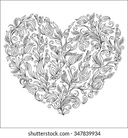 Coloring page flower heart St Valentine's day greeting card hand made print digital art. Coloring page with details isolated on white background . Doodle zentangle pattern for relax and meditation.