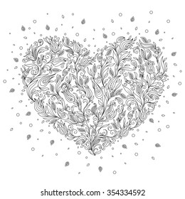 Coloring page flower heart St Valentine's day greeting card hand made print digital art. Coloring page with details isolated on white background . Doodle zentangle pattern for relax and meditation.