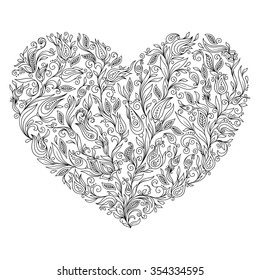 Coloring page flower heart St Valentine's day greeting card hand made print digital art. Coloring page with details isolated on white background . Doodle zentangle pattern for relax and meditation.