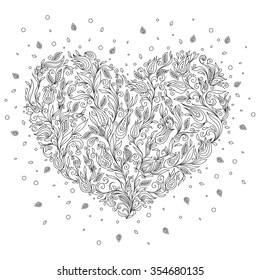 Coloring page flower heart St Valentine's day greeting card hand made print digital art. Coloring page with details isolated on white background . Doodle zentangle pattern for relax and meditation.