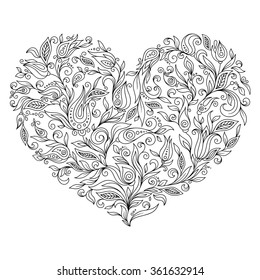 Coloring page flower heart St Valentine's day. Coloring page with details isolated on white background . Doodle zentangle pattern for relax and meditation. Black line art on white background.