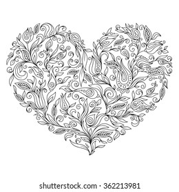 Coloring page flower heart St Valentine's day. Coloring page with details isolated on white background . Doodle zentangle pattern for relax and meditation. Black line art on white background.