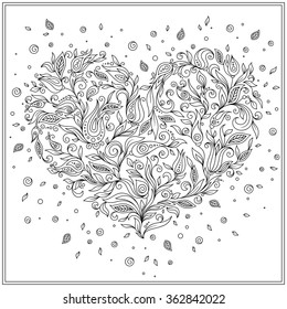 Coloring page flower heart St Valentine's day. Coloring page with details isolated on white background . Doodle zentangle pattern for relax and meditation. Black line art on white background.