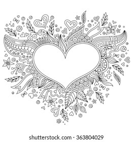 Coloring page flower heart St Valentine's day. Coloring page with details isolated on white background . Doodle zentangle pattern for relax and meditation. Black line art on white background.
