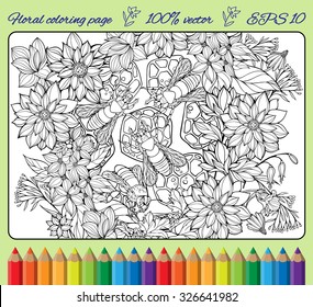 coloring page with flowers and bees collecting honey