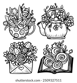 Coloring page flowers in bucket hand drawn. Set bouquet roses, peonies, daisies. Buds flowering plants. Vector doodle botanical illustration. Coloring book for children and adults.