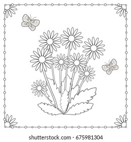 Coloring page from the flowers and butterflies. Vector illustration